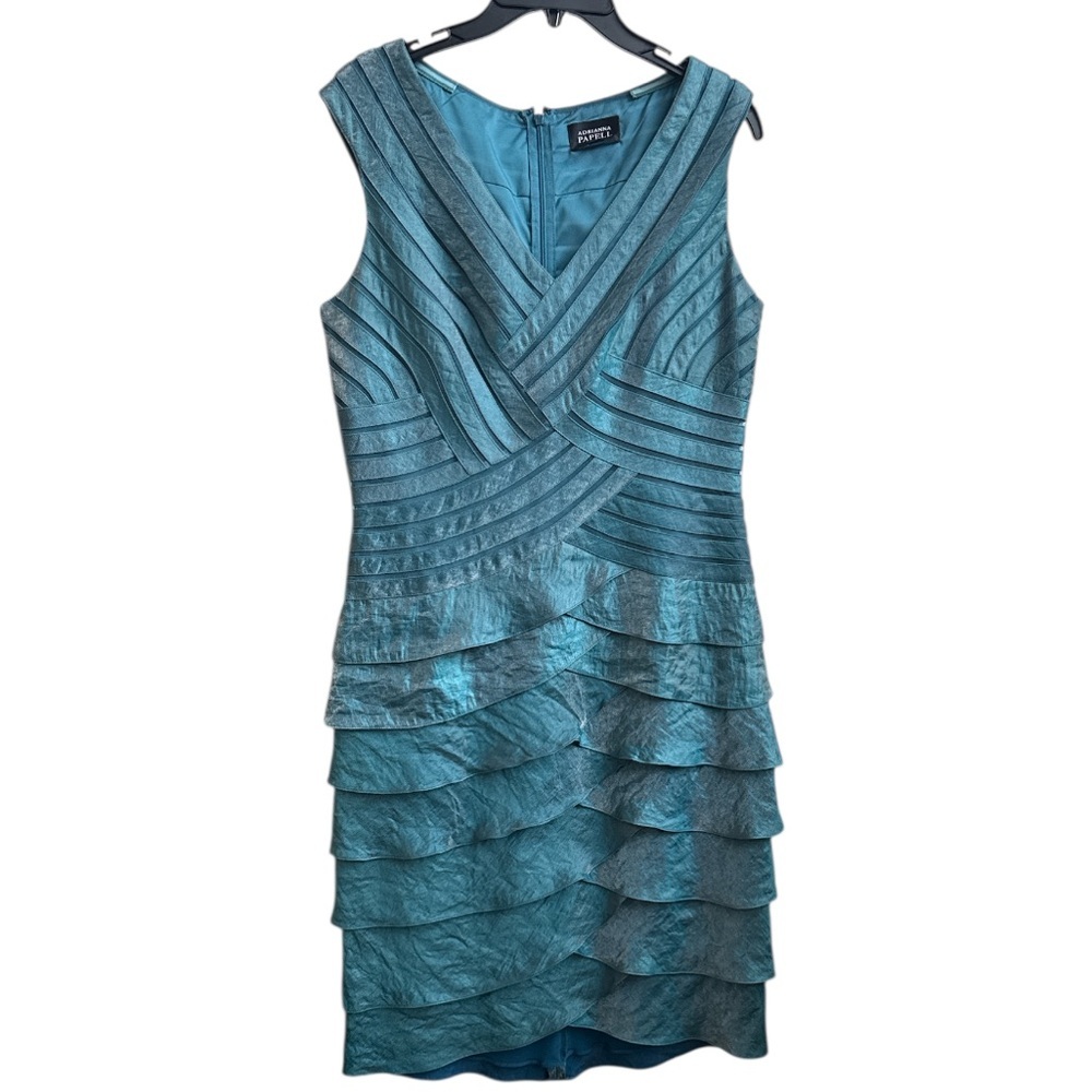 Adrianna Papell laser cut shutter shimmer tiered cocktail dress in teal Size 12